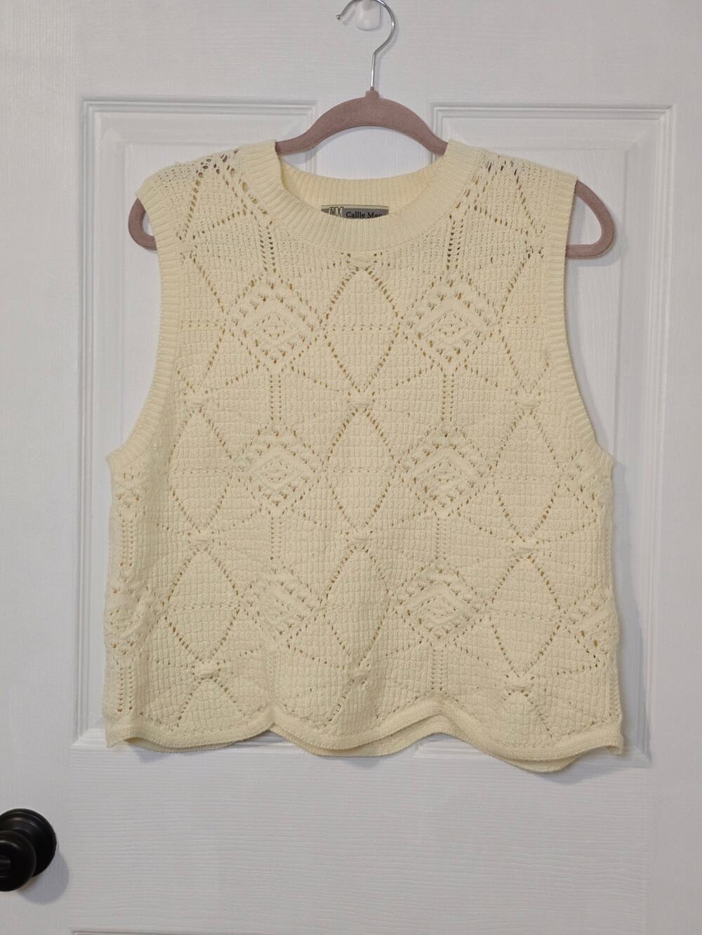 Callie Mac Cream Crochet Diamond Knit Tank Top Scalloped Hem Large